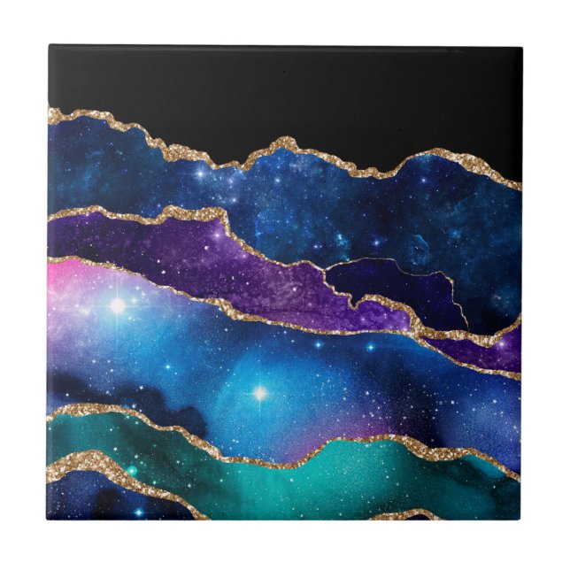 Faux Marbled Agate Stone Galaxy Sparkly Shining Ceramic Tile (Front)