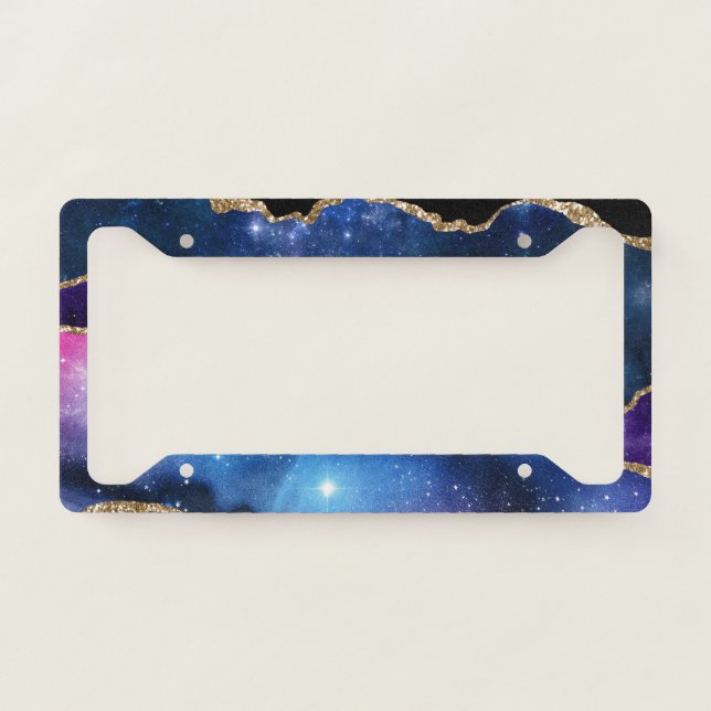 Faux Marbled Agate Stone Galaxy Sparkly Shining License Plate Frame (Front)