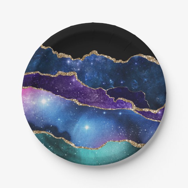 Faux Marbled Agate Stone Galaxy Sparkly Shining Paper Plates (Front)