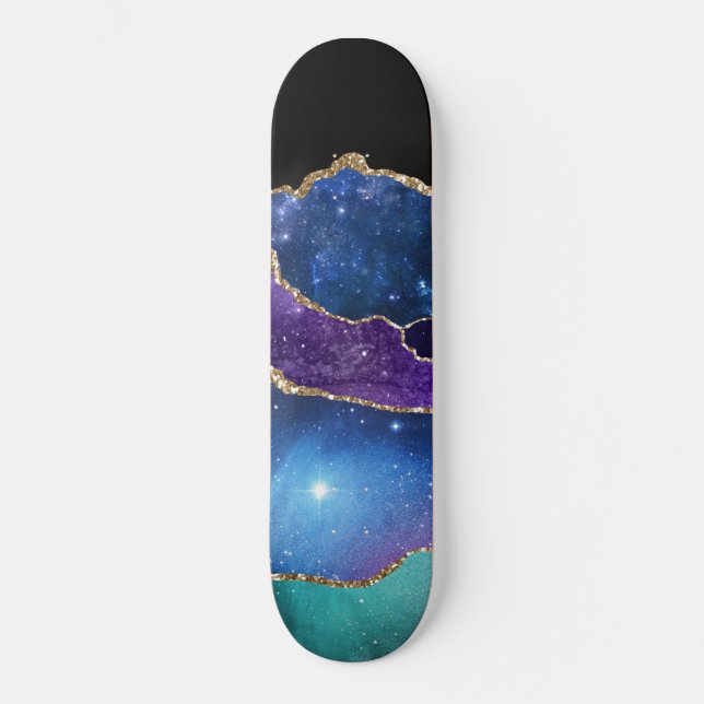 Faux Marbled Agate Stone Galaxy Sparkly Shining Skateboard (Front)