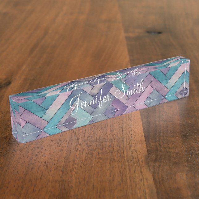 Faux Mermaid Herringbone Wood Pattern Desk Name Plate (Side)