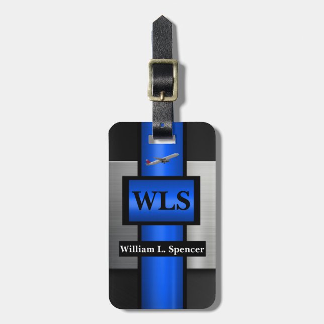 Faux Metal Blue Black Gray Monogram  Luggage Tag (Front Vertical)
