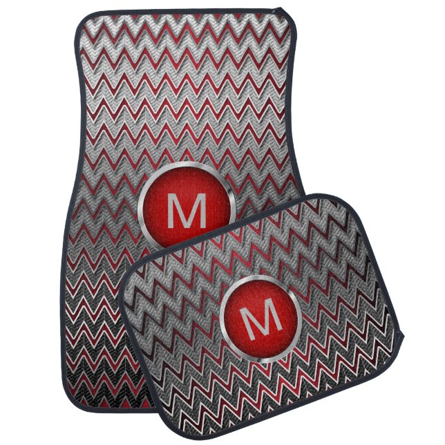 Faux Metal & Dark Red Chevron |Monogram Car Mat (Set)