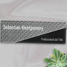 Faux Metal Diamond Plate Diagonal Black Name Tag