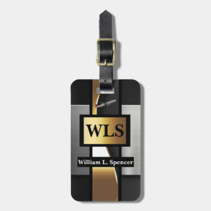 Faux Metal Gold Black Gray Monogram   Luggage Tag