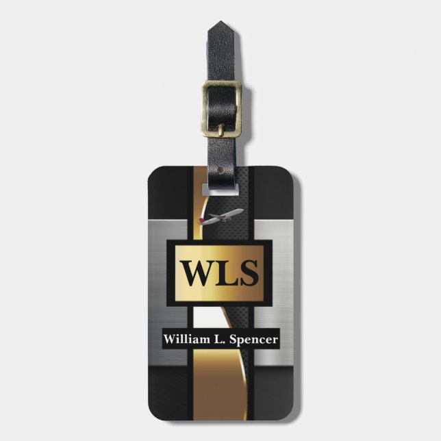 Faux Metal Gold Black Gray Monogram   Luggage Tag (Front Vertical)