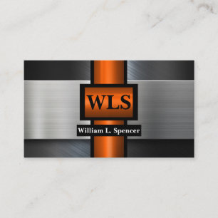 Faux Metal Gray Black Orange Monogram Business Card