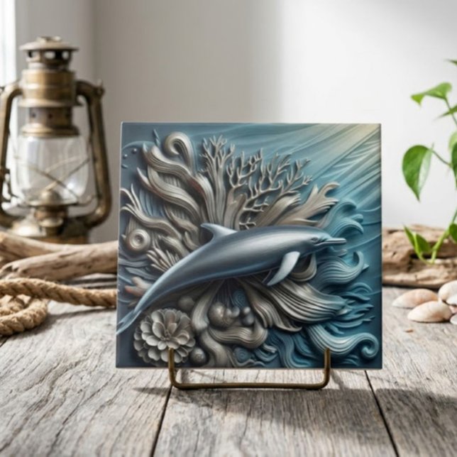 Faux Metal Ocean Reef & Dolphin Decorative  Ceramic Tile (Creator Uploaded)