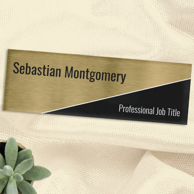 Faux Metallic Brushed Gold Geometric Professional Name Tag (Creator Uploaded)