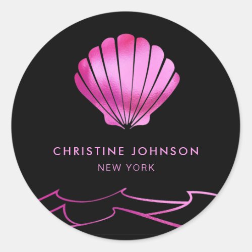 faux metallic effect neon pink seashell logo classic round sticker