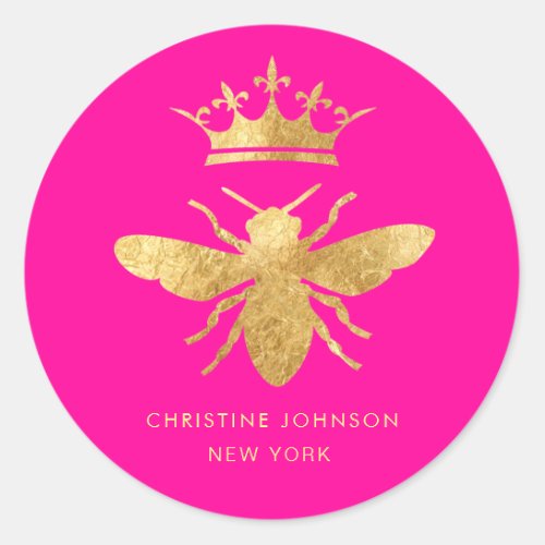 faux metallic effect queen bee on neon pink classic round sticker