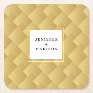 faux metallic gold box containing your name square paper coaster