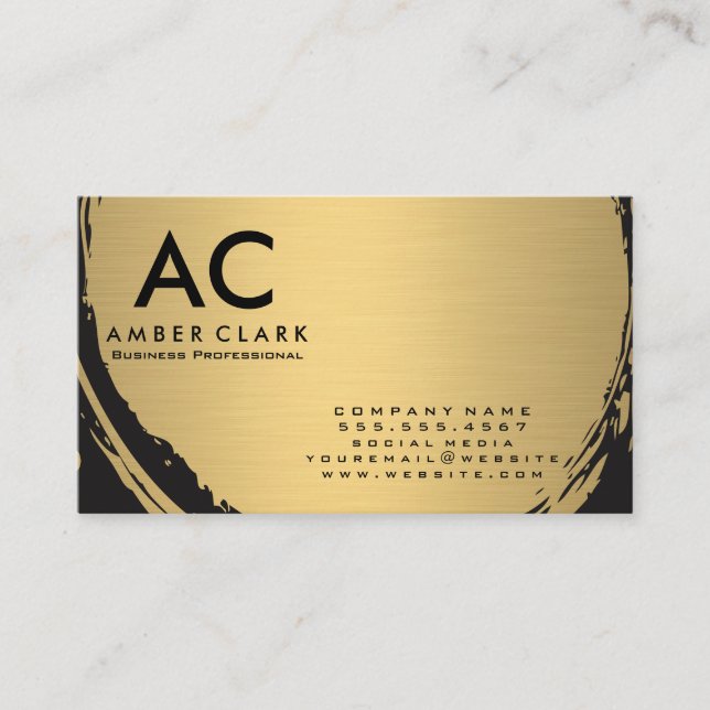 Faux Metallic Gold Brushed Monogram Business Card (Front)