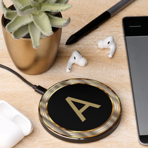 Faux Metallic Gold  Silver with Monogram Wireless Charger