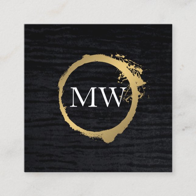 Faux Metallic Gold Velvet Black with Monogram Square Business Card (Front)