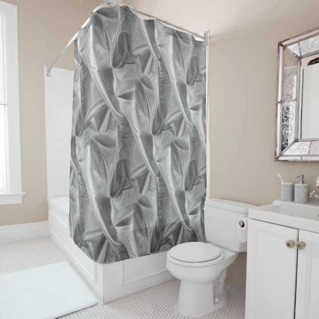 Faux Metallic Silver Gray Lame' Fabric Crumpled Shower Curtain (In Situ)