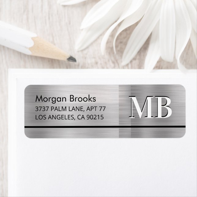 Faux Metallic Silver Name Address & Large Monogram Label (Insitu)