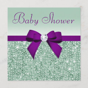 Faux Mint Sequins Purple Bow Baby Shower Invitation