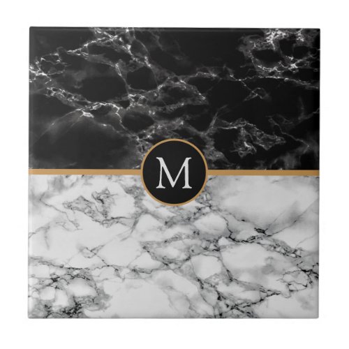 Faux Monogram Black and White Marble Ceramic Tile