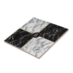 Faux Monogram Black White Check Marble Ceramic Tile