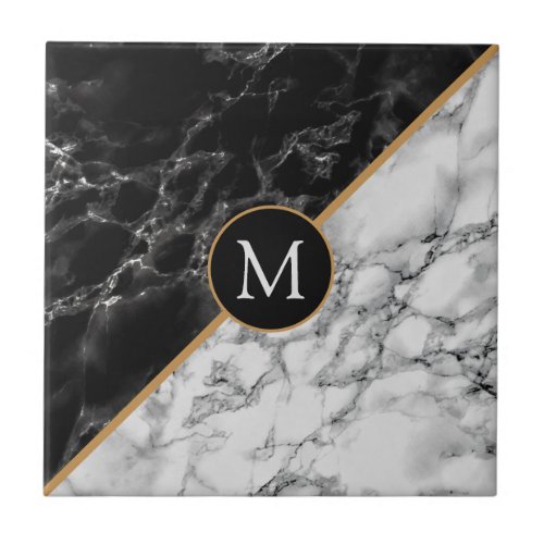 Faux Monogram Ceramic Tile with Black White Marble