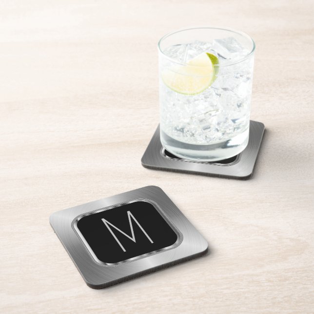 Faux Monogram Stainless Steel Look Beverage Coaster (Right Side)