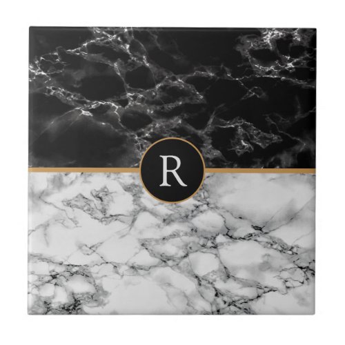 Faux Monogram Trendy Black White Marble Ceramic Tile