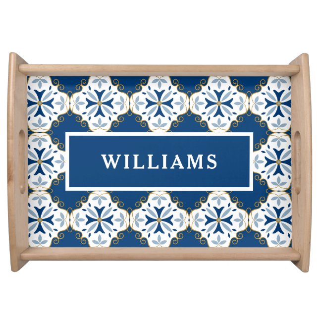 Faux Moroccan Tile Blue White Custom Family Name Serving Tray (Front)