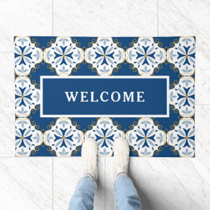 Faux Moroccan Tile Blue White Gold Welcome Doormat