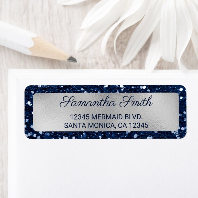 Faux Navy Blue Glitter and Silver Foil Label (Insitu)