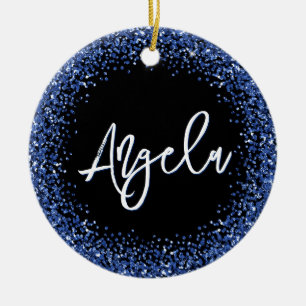 Faux Navy Blue Glitter Black Photo Ceramic Ornament