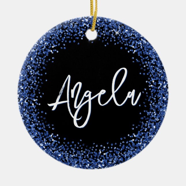 Faux Navy Blue Glitter Black Photo Ceramic Ornament (Front)