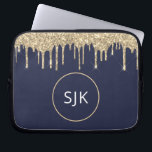 Faux Navy Blue Gold Dripping Glitter Monogram Laptop Sleeve<br><div class="desc">Gold and Navy Blue Faux Dripping Glitter and Sparkle Elegant Monogrammed Initials Case. This case can be customized to include your initial and first name.</div>