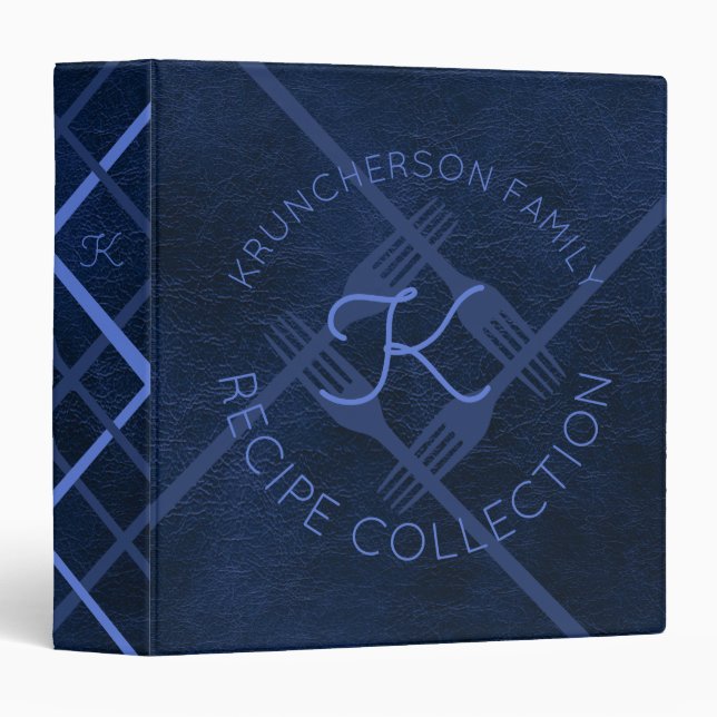 Faux navy blue leather monogram cookbook recipe 3  ring binder (Front/Spine)