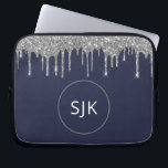 Faux Navy Blue Silver Dripping Glitter Monogram Laptop Sleeve<br><div class="desc">Silver and Navy Blue Faux Dripping Glitter and Sparkle Elegant Monogrammed Initials Case. This case can be customized to include your initial and first name.</div>