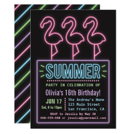 Faux Neon Flamingo Summer Sixteen Birthday Party Card