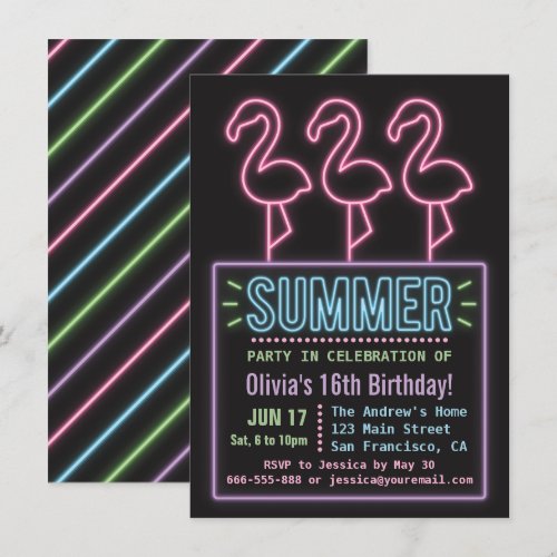 Faux Neon Flamingo Summer Sixteen Birthday Party Invitation