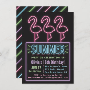 Faux Neon Flamingo Summer Sixteen Birthday Party Invitation