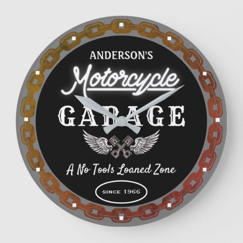 Faux Neon Garage Name Since Date Chain Black   Large Clock