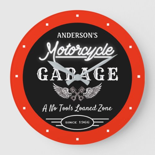 Faux Neon Garage Name Since Date Orange Black   Large Clock