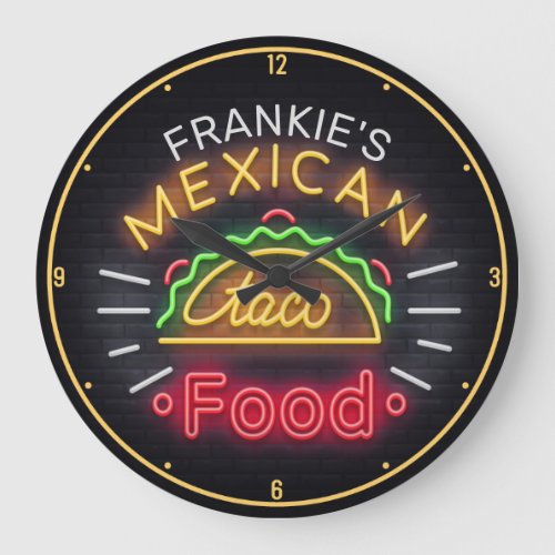 Faux Neon Mexican Food Taco Personalized Diner Large Clock