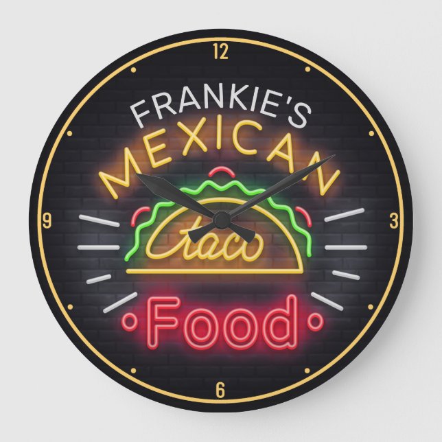 Faux Neon Mexican Food Taco Personalized Diner Large Clock (Front)