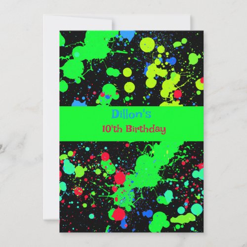 Faux Neon Paint Ball Splatter Birthday Party Invitation