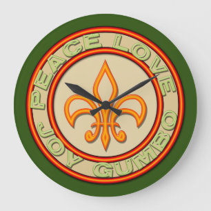 Faux Neon Peace Joy Gumbo Fleur de Lis Large Clock