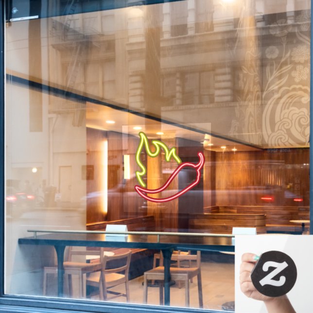 Faux Neon Red Chili Pepper Yellow Flame Window Cling (Cafe Window)