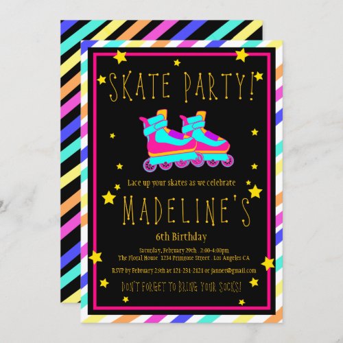 Faux Neon Roller Skate Chalkboard Rainbow Birthday Invitation