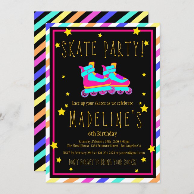Faux Neon Roller Skate Chalkboard Rainbow Birthday Invitation (Front/Back)