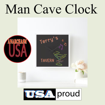 Faux Neon Sign Personalized Mancave Tavern Club Square Wall Clock by Anarchasm at Zazzle