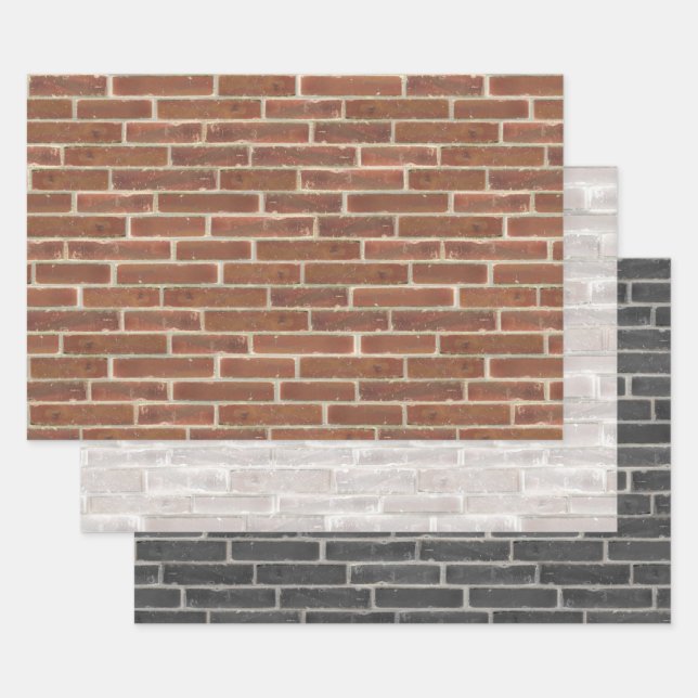 Faux Old Brown Black White Brick Wall Wrapping Paper Sheets (Set)