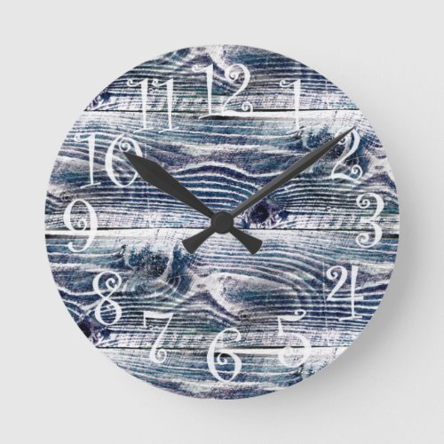 Faux Old Distressed Blue Wood Round Clock